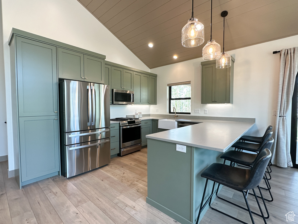 Kitchen with stainless steel appliances, lofted ceiling, and light hardwood / wood-style flooring