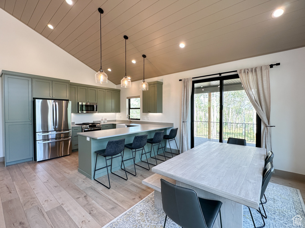 Kitchen featuring stainless steel appliances, pendant lighting, high vaulted ceiling, light hardwood / wood-style floors, and kitchen peninsula