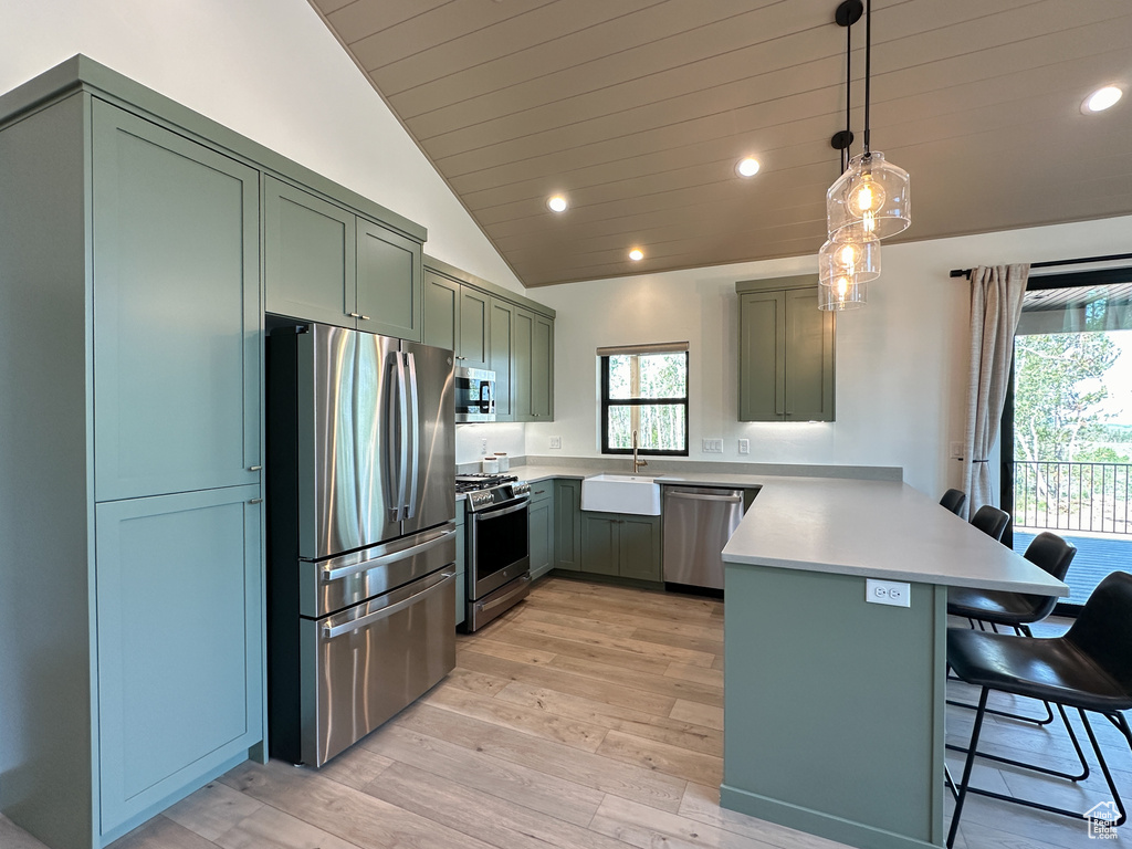 Kitchen featuring a kitchen bar, light hardwood / wood-style flooring, stainless steel appliances, sink, and decorative light fixtures