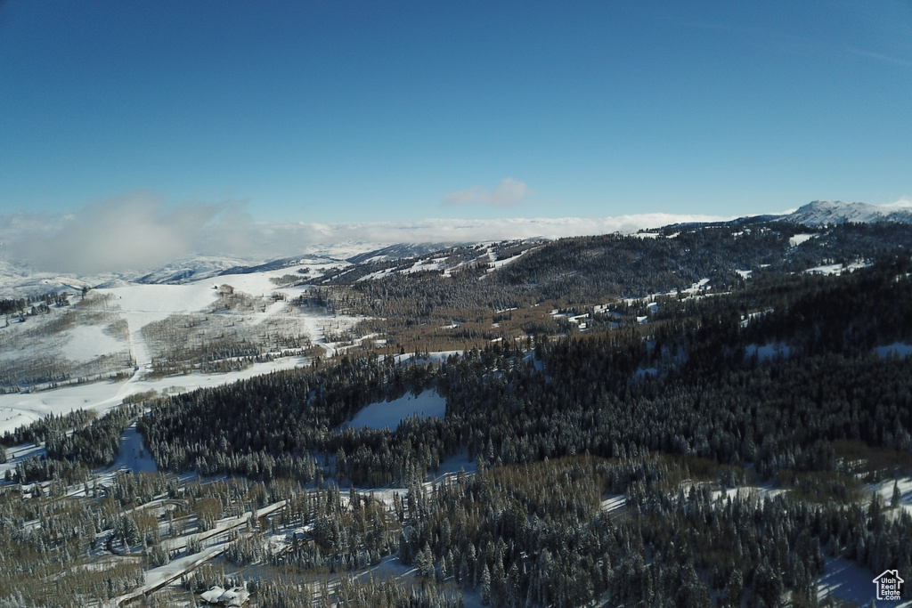 Snowy aerial view with a mountain view