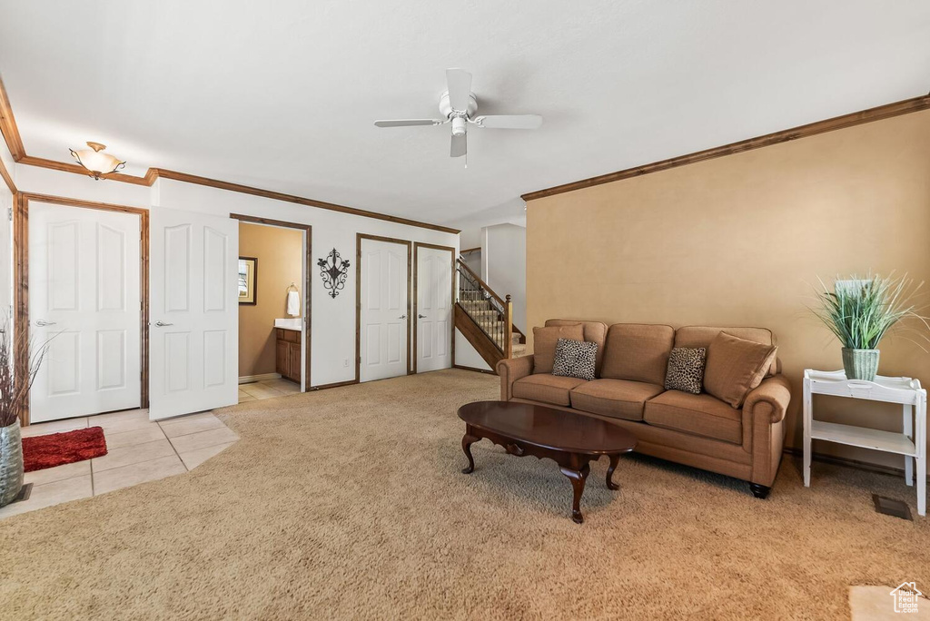 Tiled living room featuring ceiling fan and crown molding