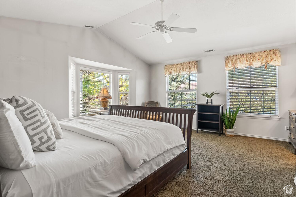 Bedroom featuring multiple windows, carpet flooring, lofted ceiling, and ceiling fan