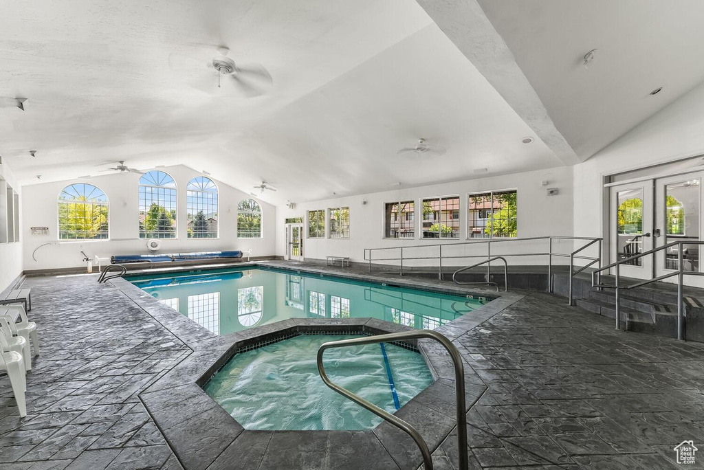 View of pool featuring ceiling fan, french doors, an indoor hot tub, and a patio