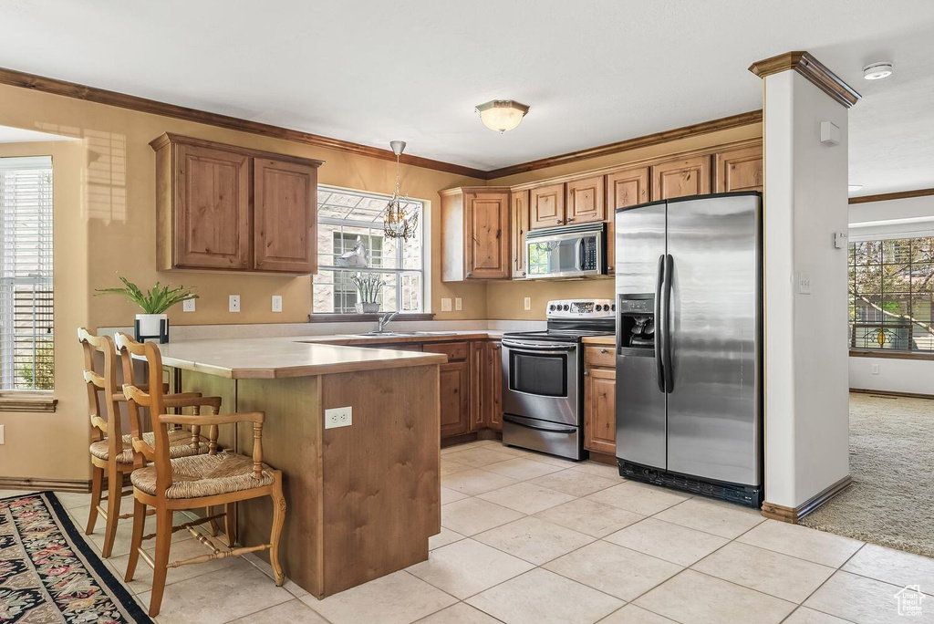 Kitchen featuring light carpet, plenty of natural light, kitchen peninsula, and stainless steel appliances