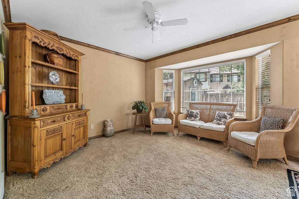 Living area with ceiling fan, light colored carpet, and ornamental molding