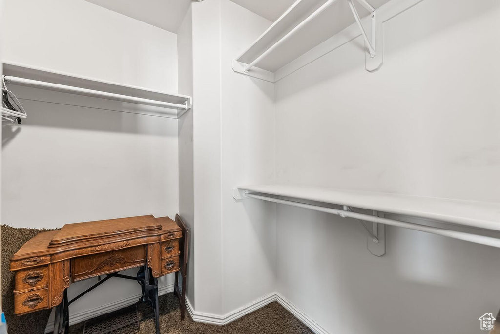 Walk in closet featuring dark colored carpet