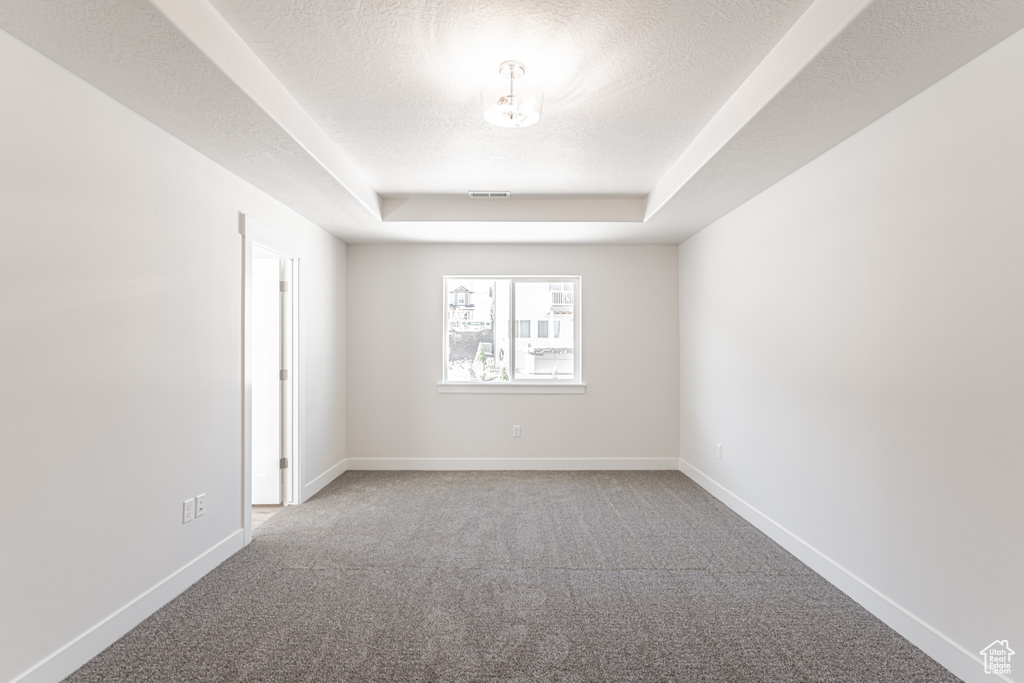 Empty room with carpet floors, a textured ceiling, and a tray ceiling