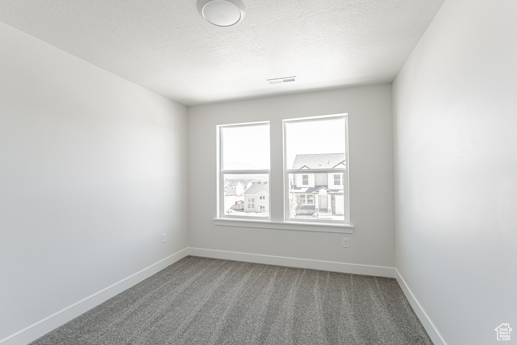 Carpeted empty room featuring a textured ceiling