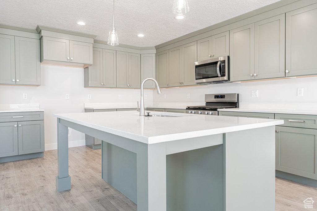 Kitchen featuring a kitchen island with sink, stainless steel appliances, sink, and light hardwood / wood-style flooring