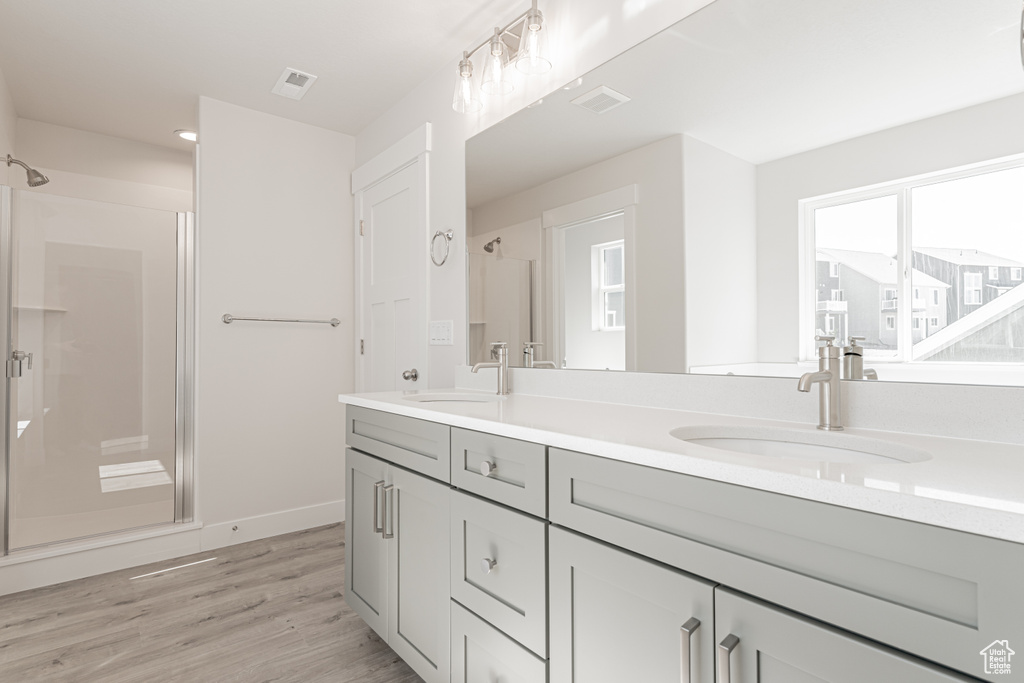 Bathroom featuring hardwood / wood-style flooring, vanity, and a shower with shower door