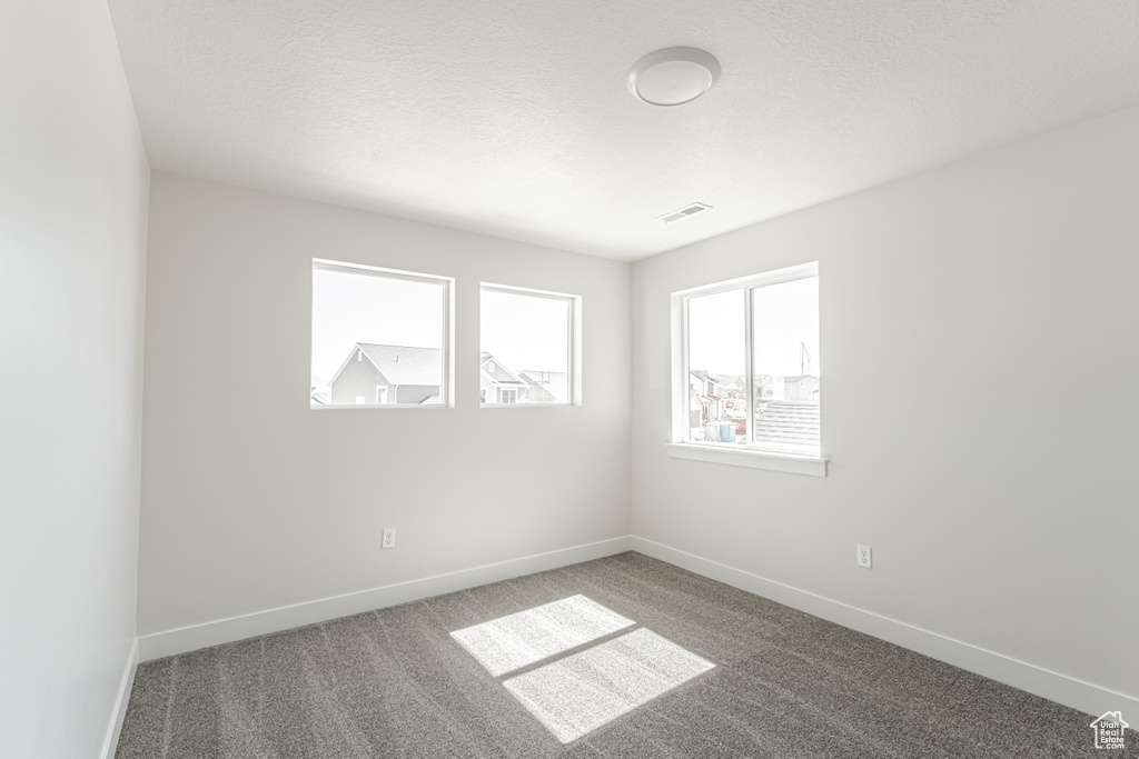 Carpeted spare room with a textured ceiling