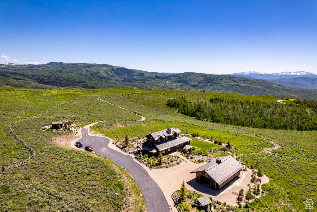 Overview of rural landscape with a mountain backdrop
