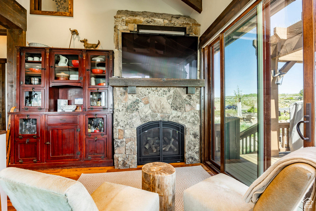 Living area featuring wood finished floors and a fireplace
