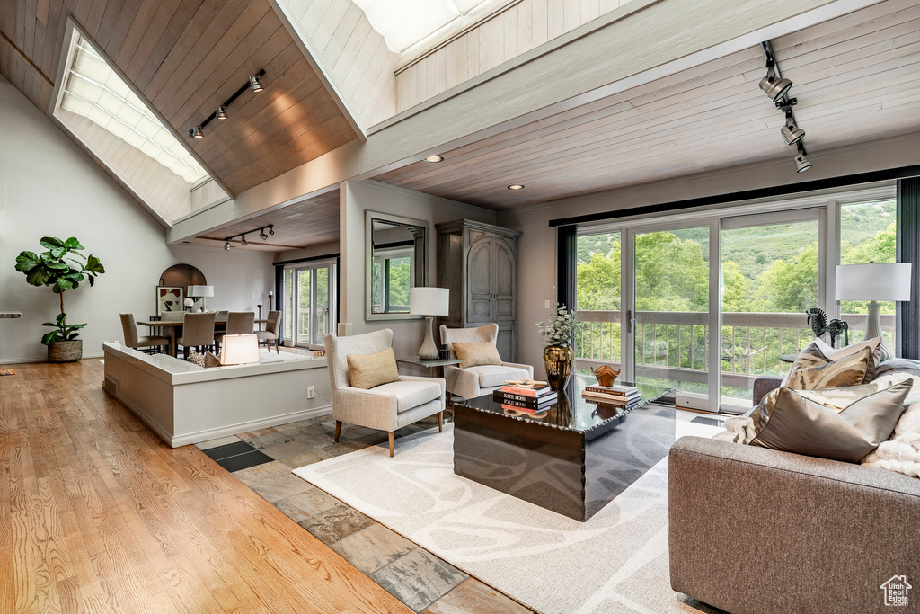 Tiled living room with wooden ceiling, track lighting, a healthy amount of sunlight, and lofted ceiling with skylight