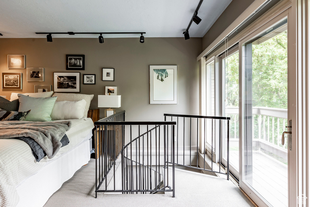 Bedroom featuring access to exterior, rail lighting, and carpet floors