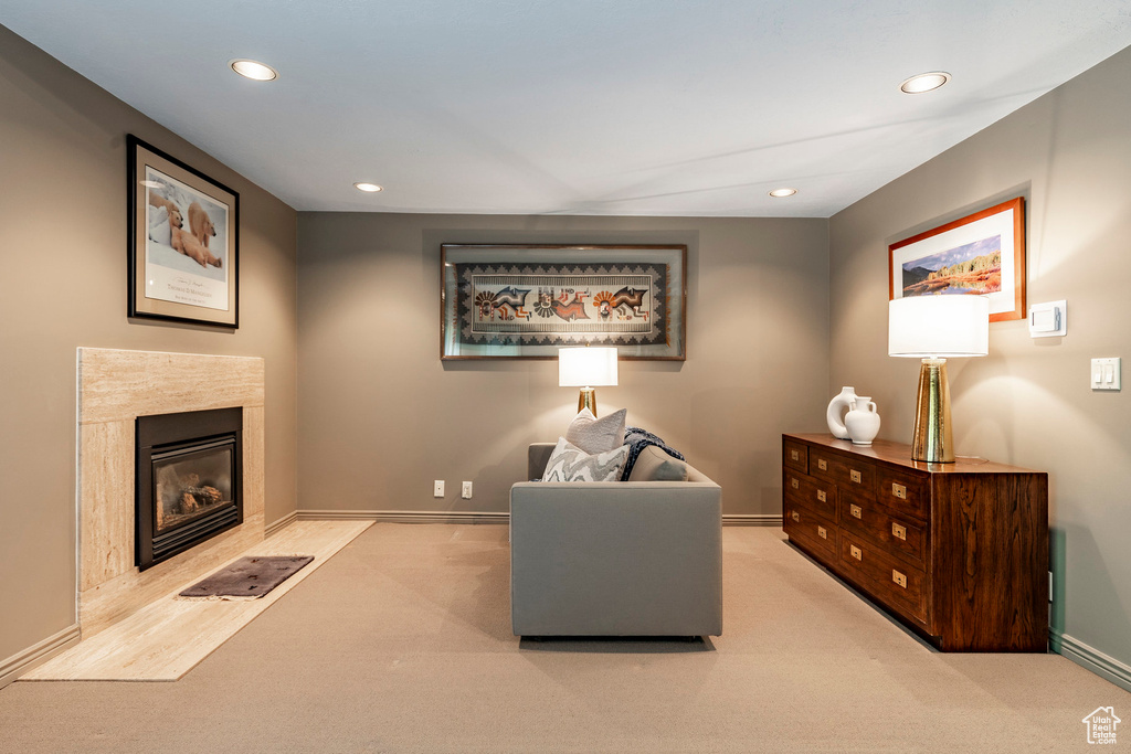 Sitting room with a premium fireplace and light carpet