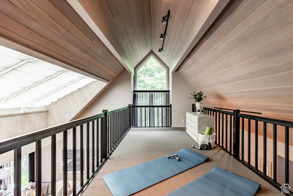 Workout room with vaulted ceiling with skylight, wooden ceiling, track lighting, and carpet floors