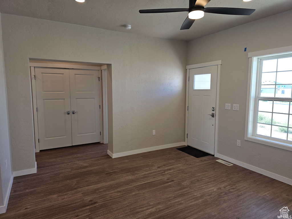 Entryway with dark wood-type flooring and ceiling fan