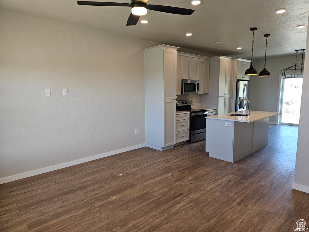 Kitchen with dark hardwood / wood-style floors, ceiling fan, a center island with sink, sink, and appliances with stainless steel finishes