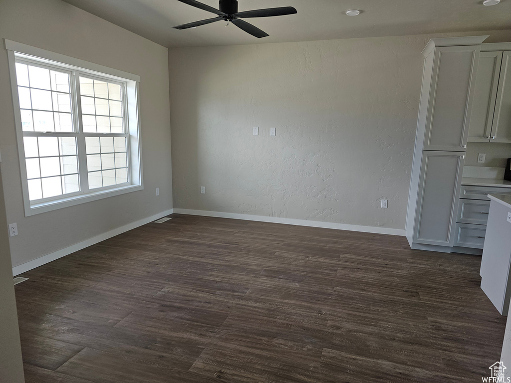 Interior space featuring plenty of natural light, ceiling fan, and dark hardwood / wood-style floors