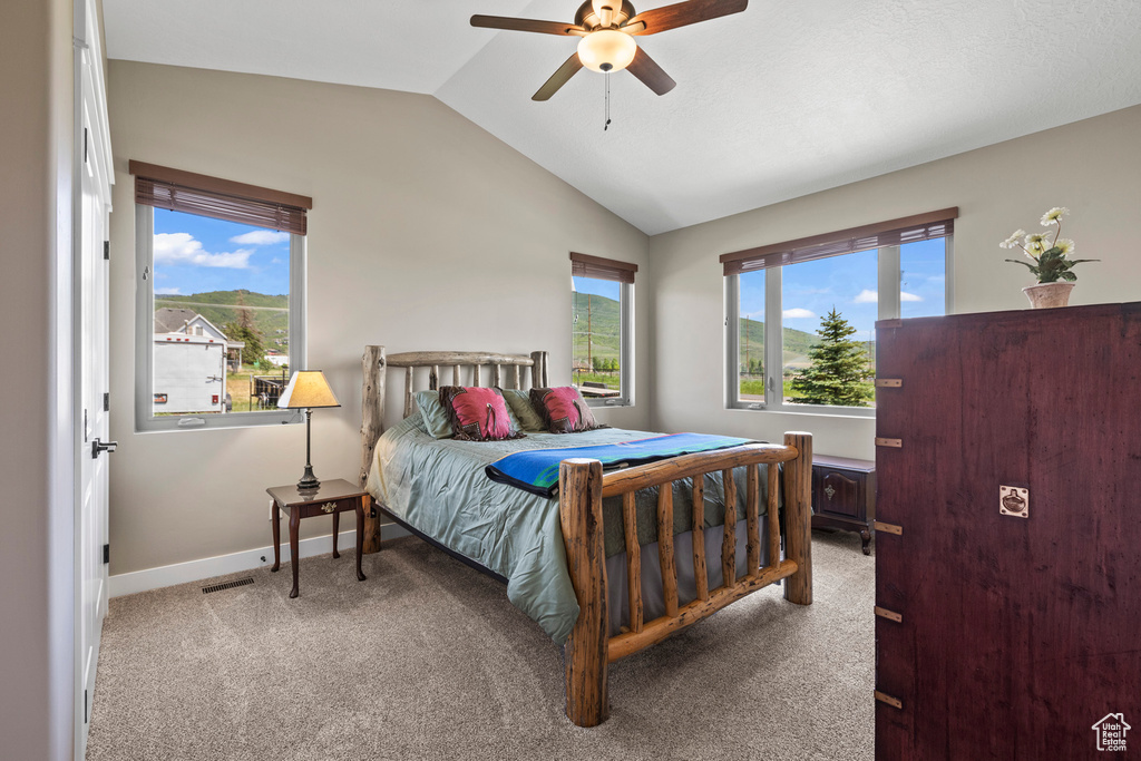 Carpeted bedroom with lofted ceiling, multiple windows, and ceiling fan