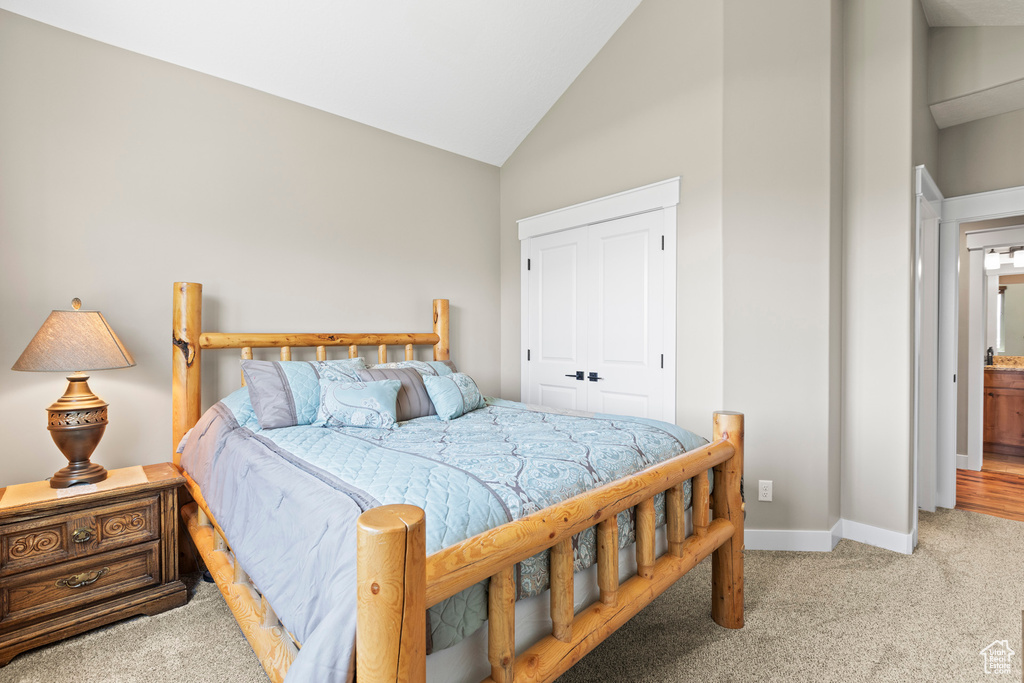 Bedroom featuring carpet, high vaulted ceiling, and a closet