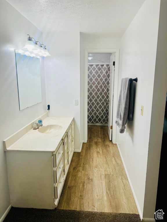 Bathroom with vanity, hardwood / wood-style flooring, and a textured ceiling