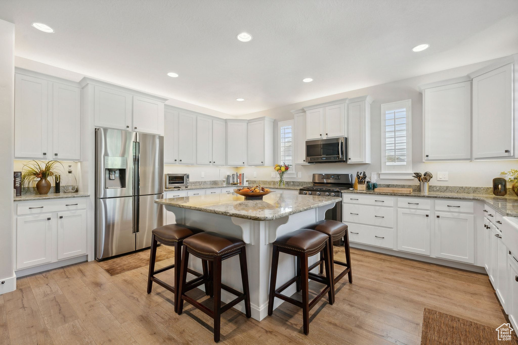 Kitchen featuring stainless steel appliances, plenty of natural light, light wood-type flooring, and a kitchen island