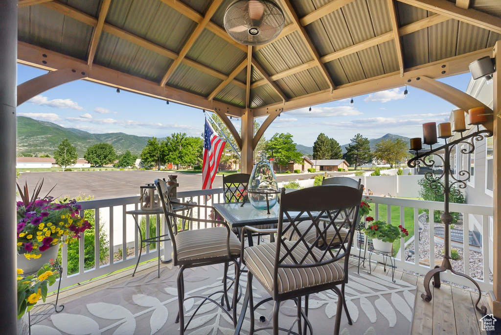 View of patio / terrace featuring a mountain view and a gazebo