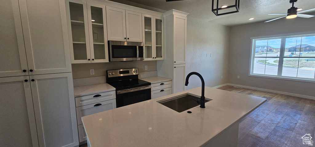 Kitchen with appliances with stainless steel finishes, sink, ceiling fan, and a center island with sink