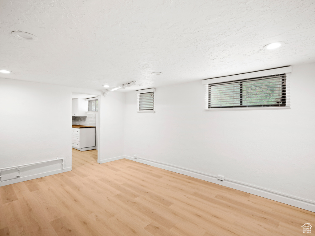 Basement with light hardwood / wood-style floors