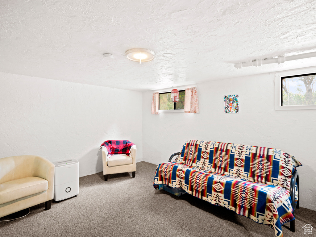 Bedroom with carpet and a textured ceiling