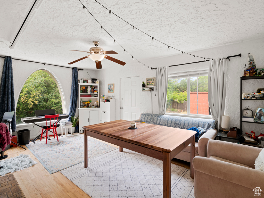 Living room with a textured ceiling, plenty of natural light, and hardwood / wood-style floors