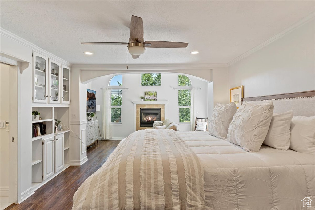 Bedroom featuring multiple windows, a tile fireplace, ceiling fan, and dark hardwood / wood-style flooring