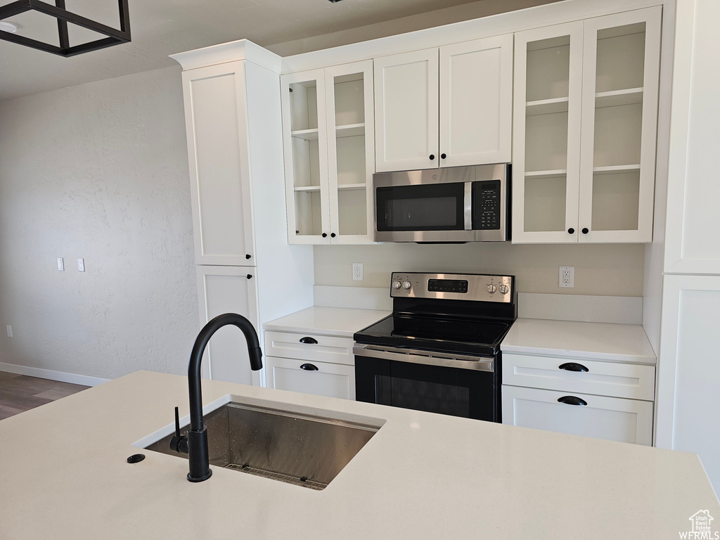 Kitchen with hardwood / wood-style floors, stainless steel appliances, white cabinets, and sink