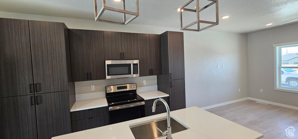 Kitchen with sink, stainless steel appliances, light hardwood / wood-style floors, and dark brown cabinets