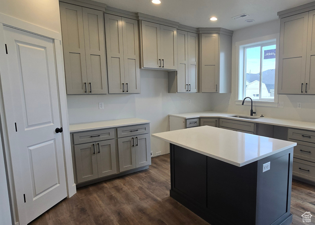 Kitchen featuring sink, gray cabinetry, a center island, and dark hardwood / wood-style floors