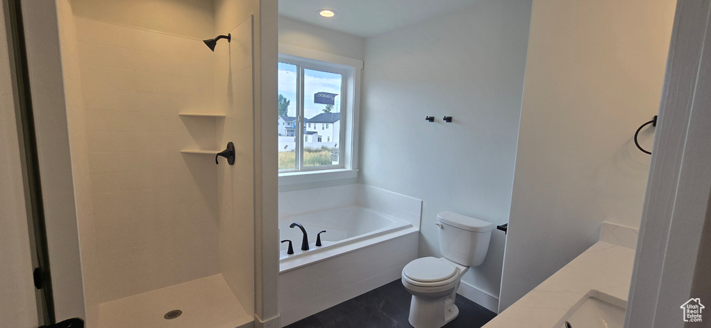 Full bathroom featuring shower with separate bathtub, toilet, and vanity