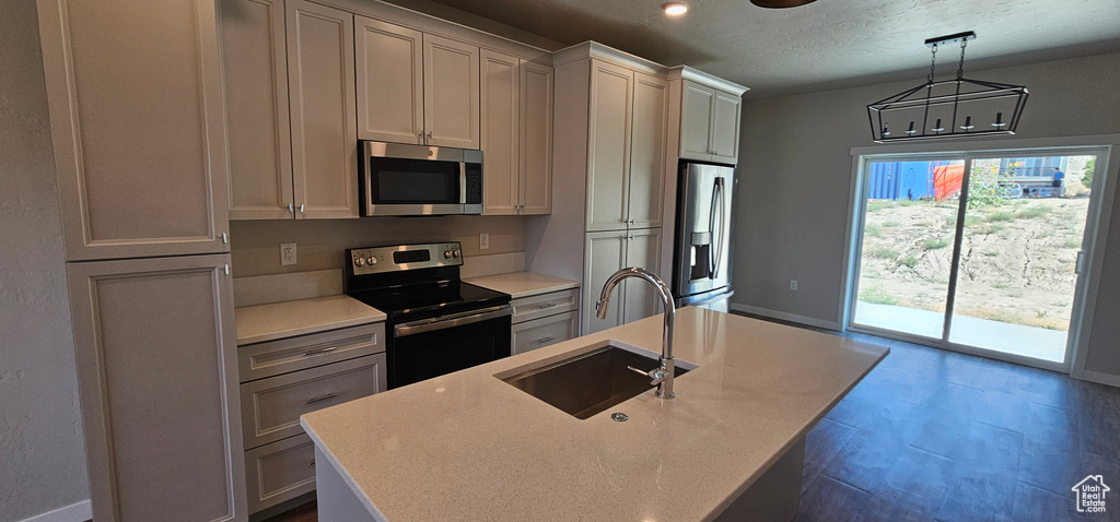 Kitchen with appliances with stainless steel finishes, pendant lighting, a center island with sink, and sink