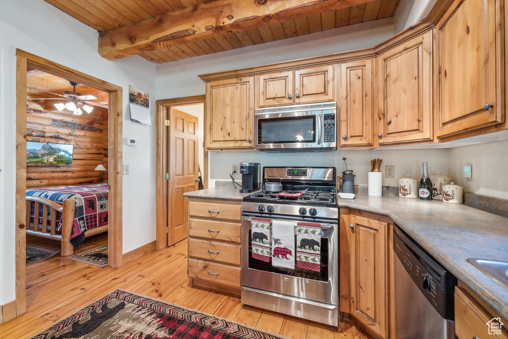 Kitchen with light hardwood / wood-style floors, appliances with stainless steel finishes, wooden ceiling, beam ceiling, and rustic walls