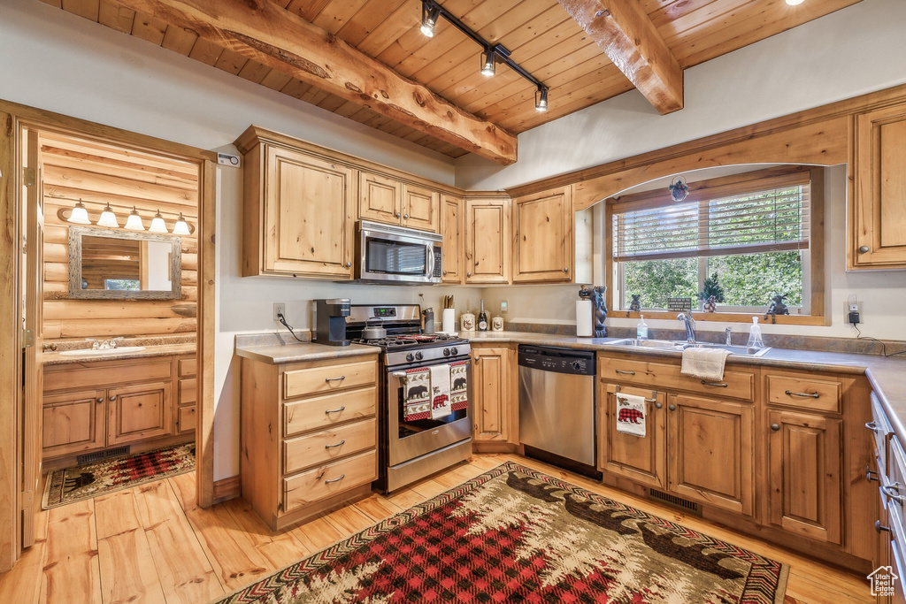 Kitchen with stainless steel appliances, wood ceiling, track lighting, sink, and beamed ceiling