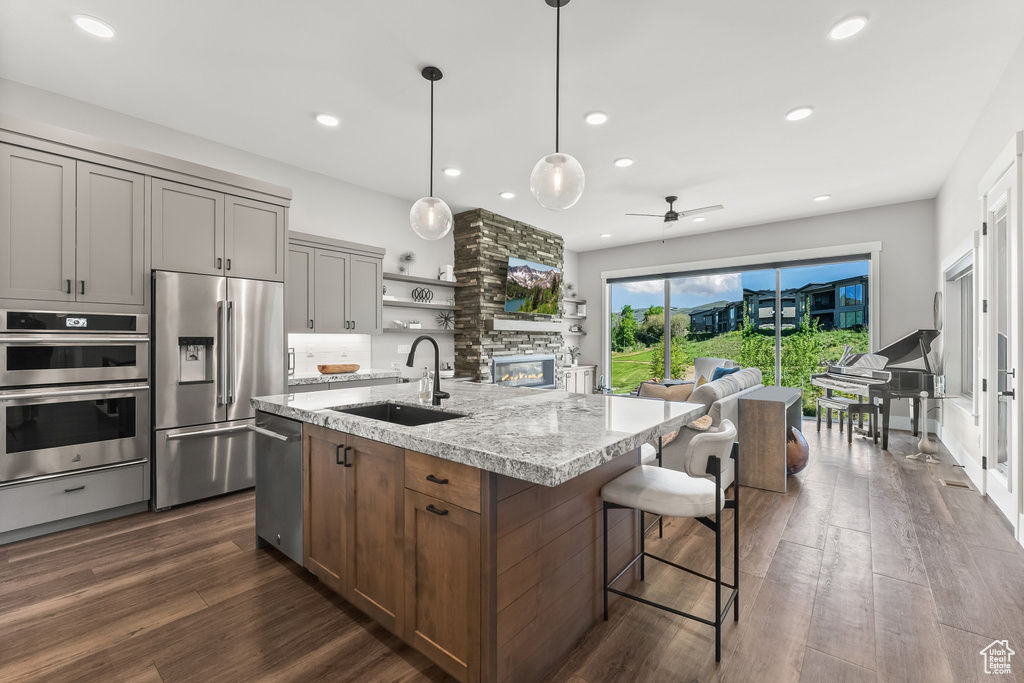 Kitchen featuring dark hardwood / wood-style flooring, a fireplace, stainless steel appliances, ceiling fan, and sink