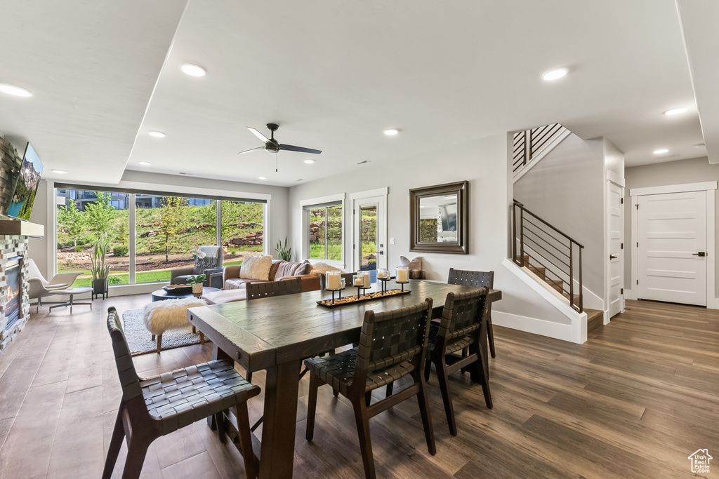 Dining space featuring ceiling fan and dark hardwood / wood-style flooring