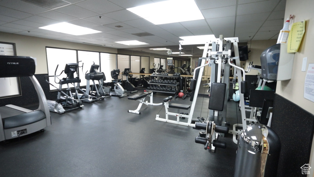 Gym featuring a paneled ceiling