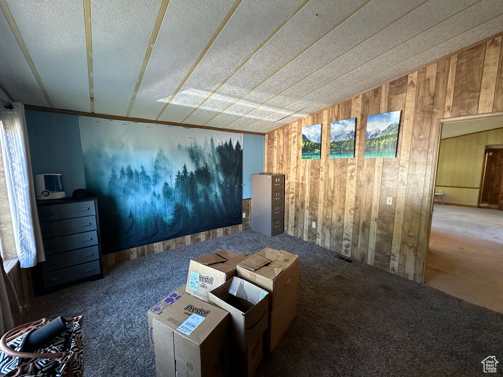 Unfurnished living room with a textured ceiling, carpet, and wood walls