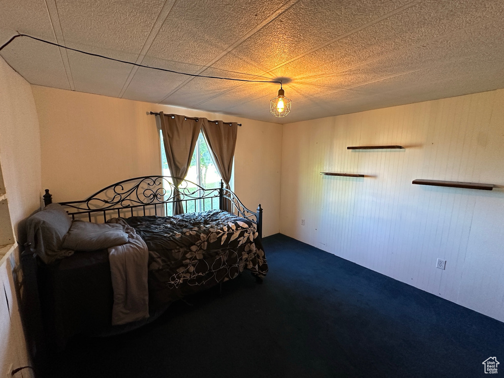 Bedroom with carpet flooring and a drop ceiling