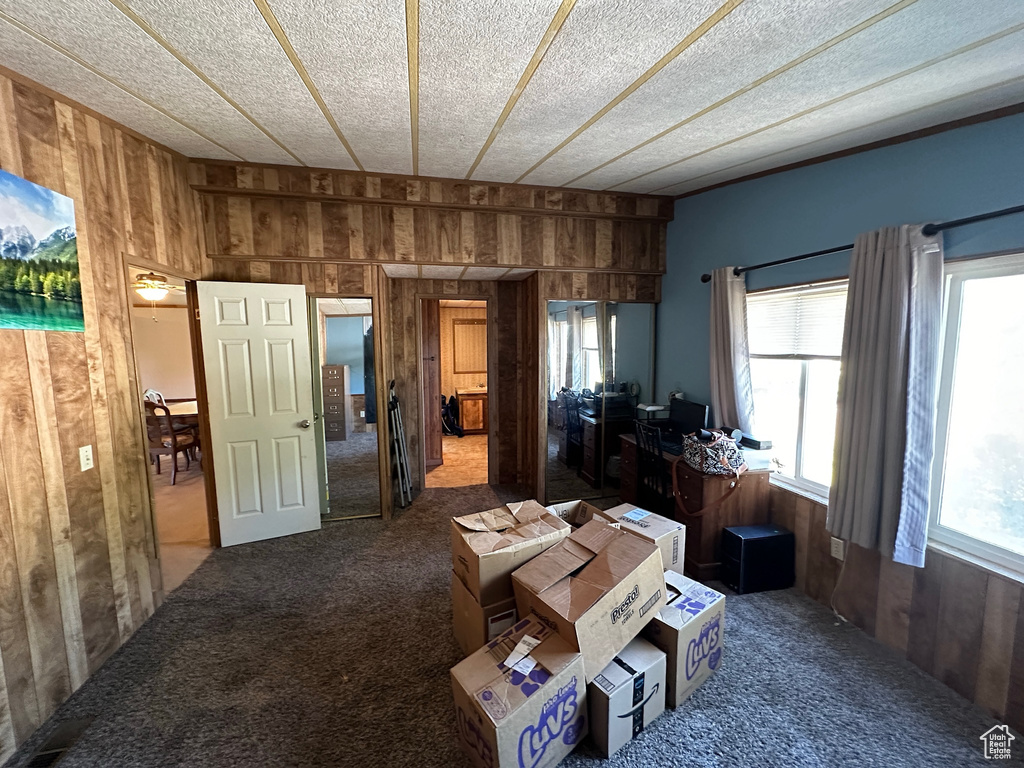 Unfurnished office with carpet flooring, wooden walls, a textured ceiling, and a healthy amount of sunlight