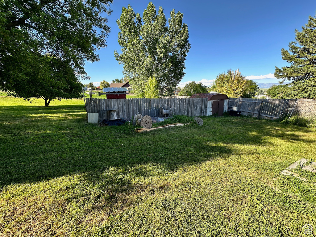 View of yard with a storage shed