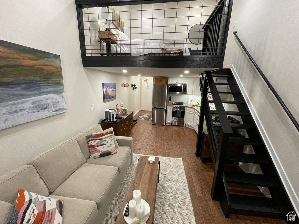 Living room featuring dark wood-type flooring