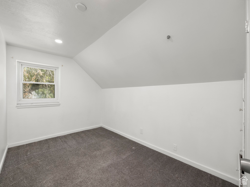 Additional living space featuring vaulted ceiling and dark carpet